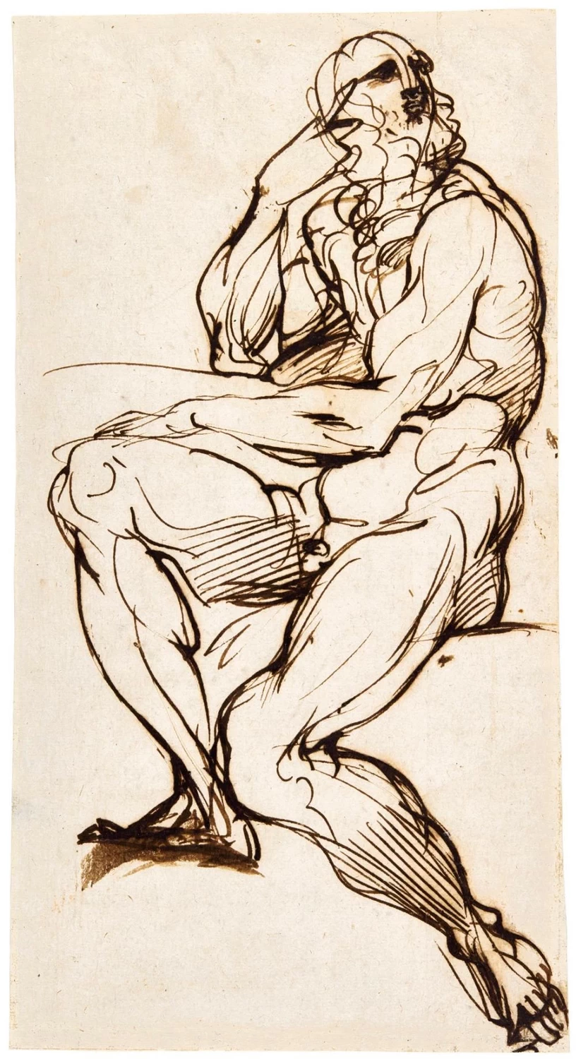 Nudo maschile barbuto seduto che sostiene la testa con la mano destra